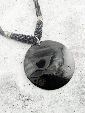 Boho Black Glass Statement Necklace | Large Round Pendant Silver Accents Artisan